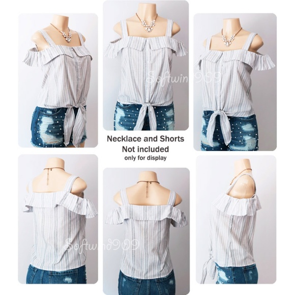 Last☝️ Striped Off Shoulder Button Tie Front Top - Picture 4 of 8